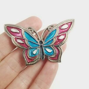 Vintage Tri-Chem Blue Red Enamel Butterfly Brooch, Colorful Insect Wings, Estate